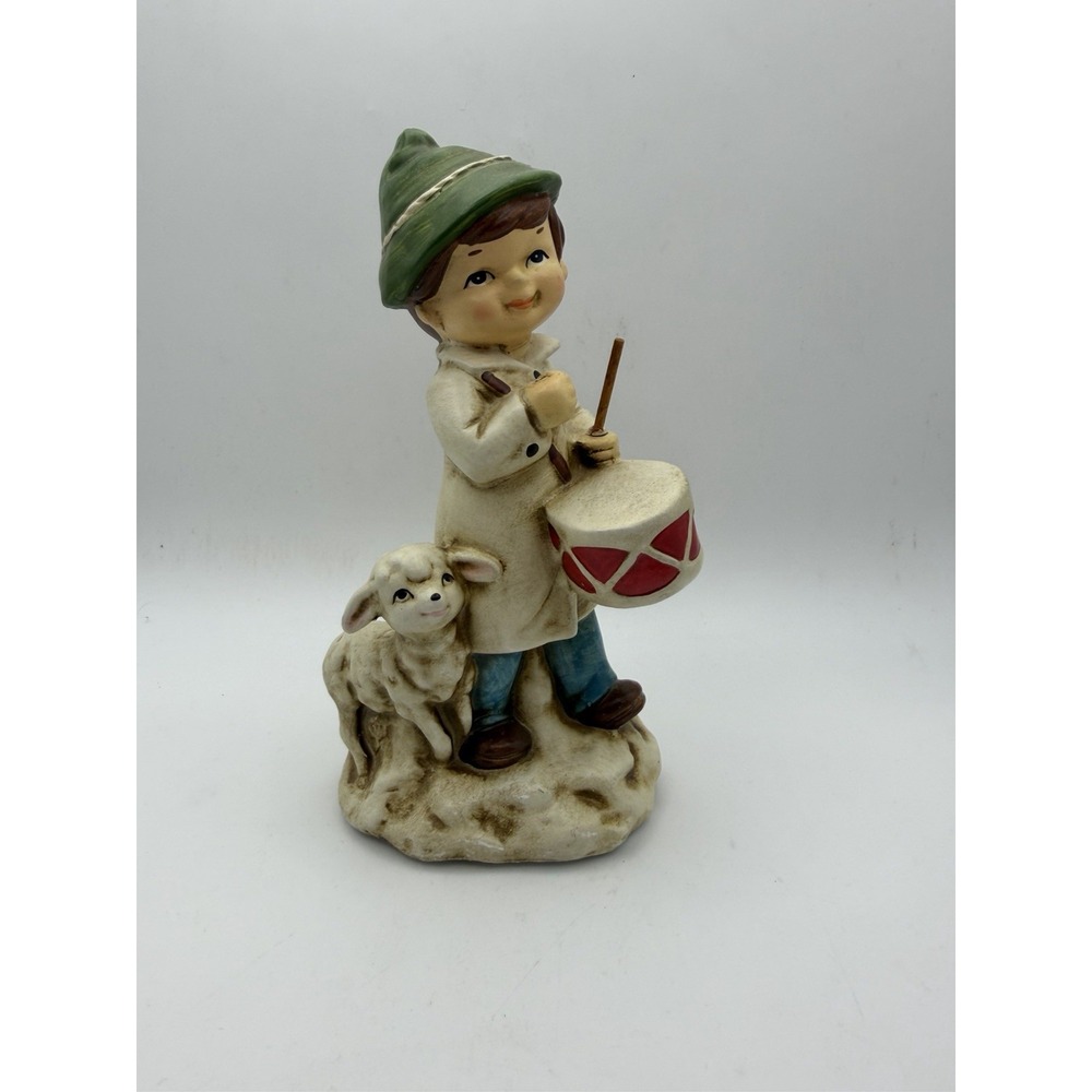 Vintage Korea Boy Drummer Lamb Figurine Ceramic Bisque 6.5" Shepherd Decor